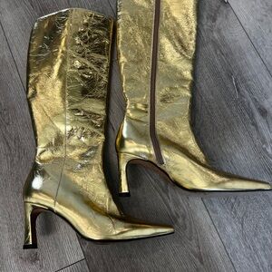 Ana Palma Gold leather Metallic Knee-High Pointed Toe Heel Boots